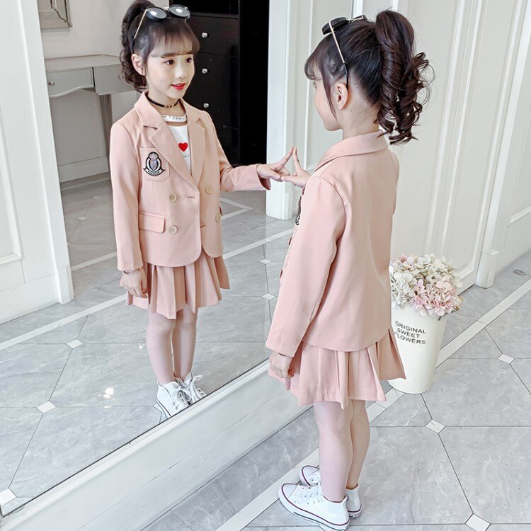 Spring Girls Cute Pink Blazer Suit Campus Style Two-piece Children&#39;s Korean Western Style All-match Cotton Suit Skirt LB252