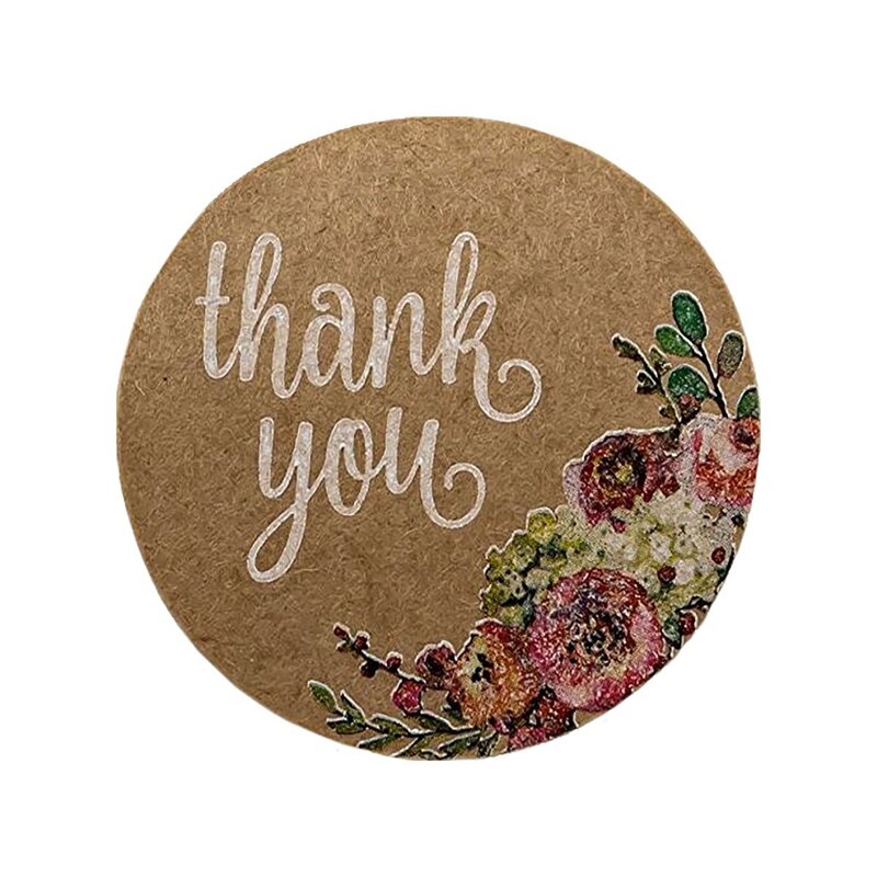 Kraft Floral Thank You Stickers - 1 inch Circle Labels / 500 Per Pack