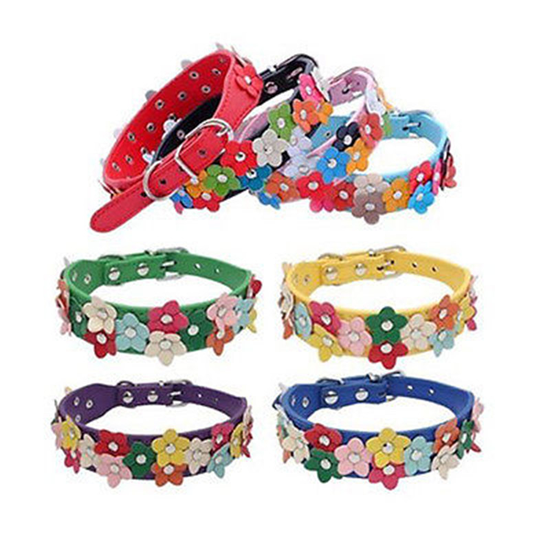 Colours Flower Studded Dog Coller Collar Pu Leather Pet Puppy Cat Neck Strap