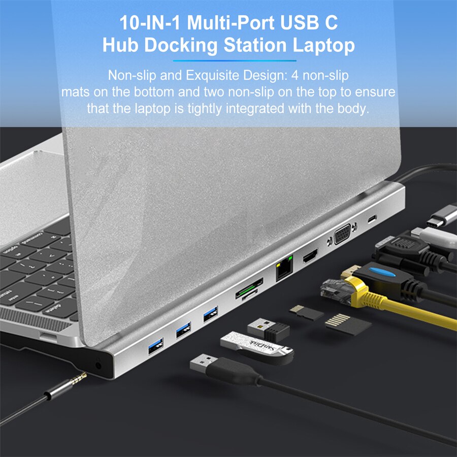 Usb C Hub Docking Station Laptop 10-In-1 Multi-Port Usb Hubs Adapter Met Micro/sd Kaartlezer Voor Macbook Pro , ,