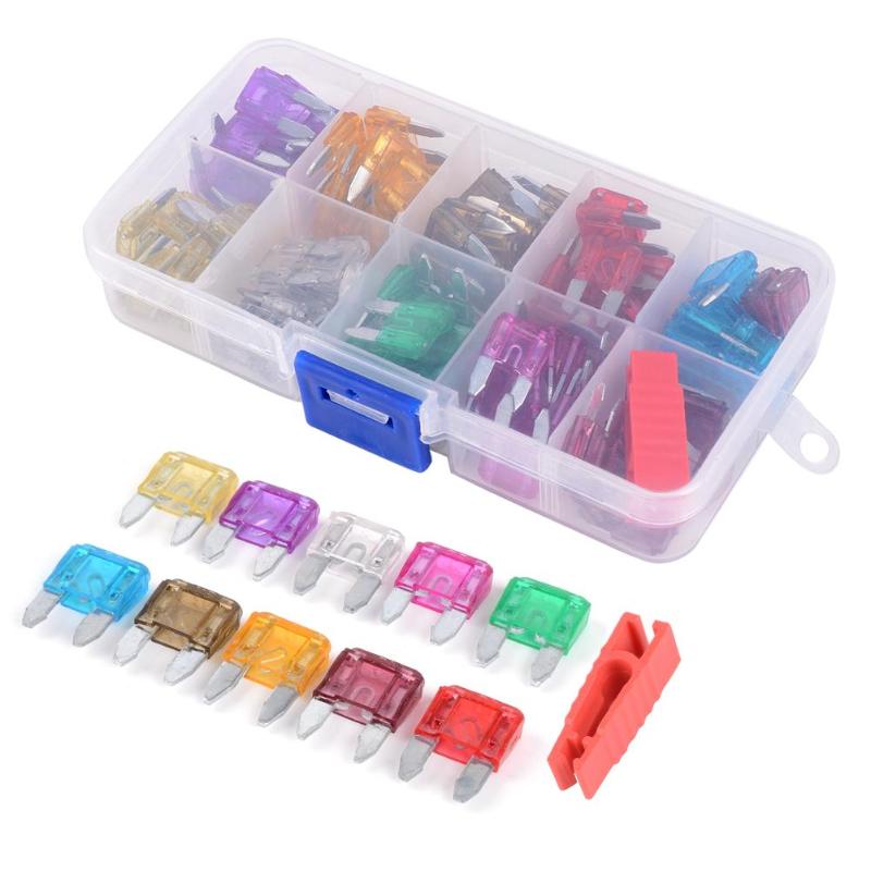 100 stk assortert mini bilsikringer 3a 5a 7.5a 10a 15a 20a 25a 30a 35a 40a amp med boks+klips auto blad type sikringssett