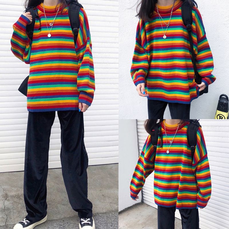 Frauen Teens Herbst Lange Ärmel Stricken Pullover Koreanische Harajuku Regenbogen Streifen Patchwork Lose Jumper Hip Hop Pullover Tunika Tops