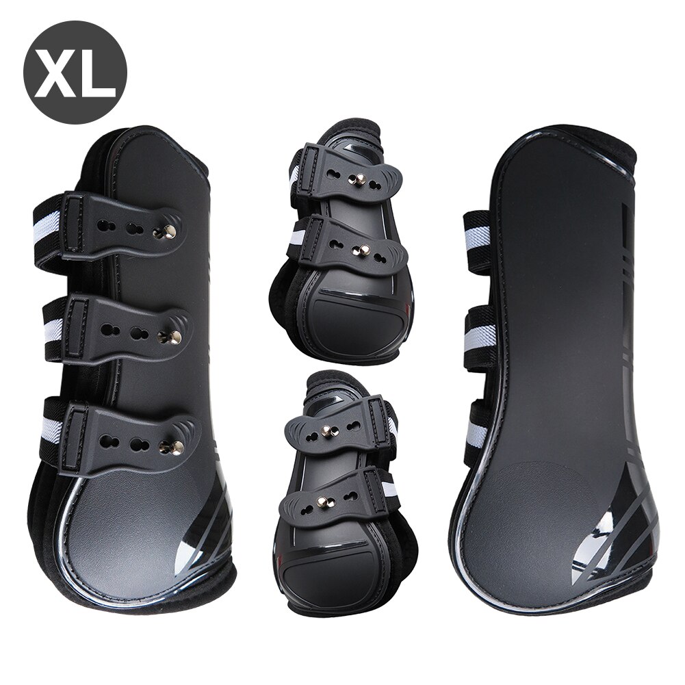 Accesorios de protección de piernas ecuestres, 4 Uds., botas para tendón de caballo de salto con absorción de impacto duradera, parte trasera delantera de PU: Black XL