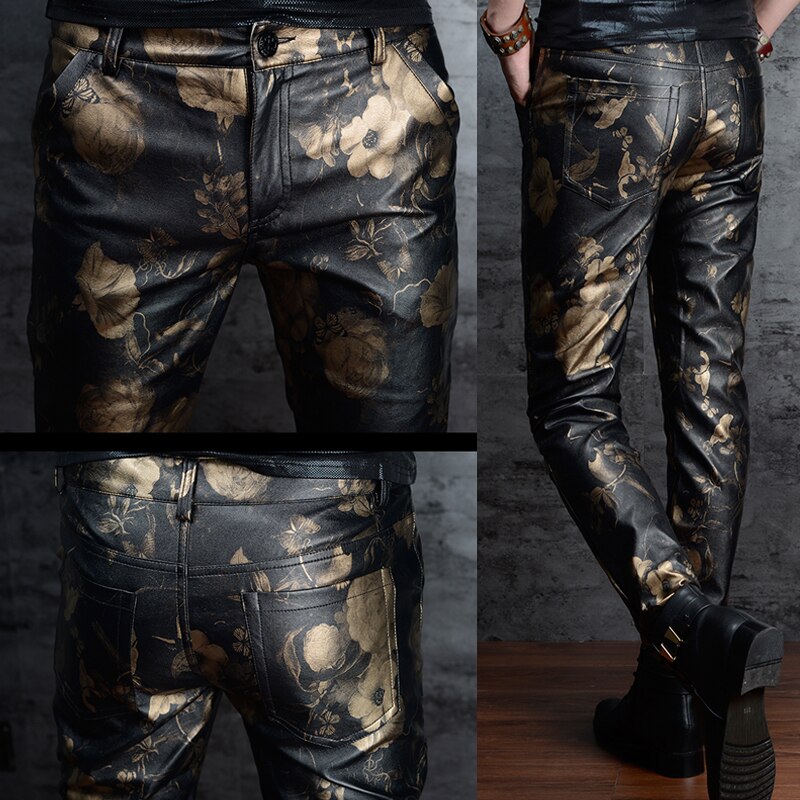 Pantalon en similicuir homme, imprimé floral, bonne pour motard, Skinny 28-36, fermeture éclair, style décontracté