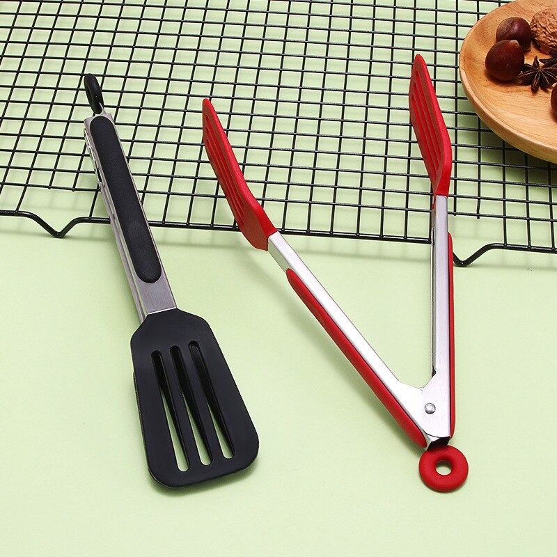 9/12 Inch Cooking Tongs Steak Clip Stainless Steel Handle Kitchen Silicone Bread Serving Tongs Heat Resistant BBQ Grill Tongs