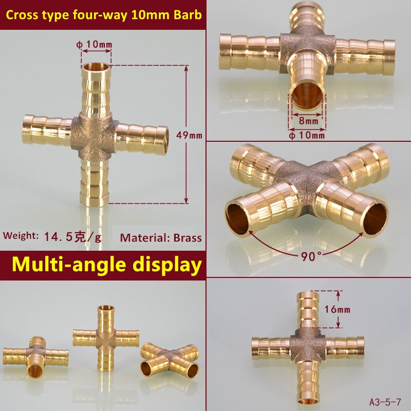 Cross Shaped Brass Pipe Fitting 4 Way 4mm 6mm 8mm 10mm 12mm Hose Barb Connector Joint Copper Barbed Coupler Adapter Coupling: 10mm