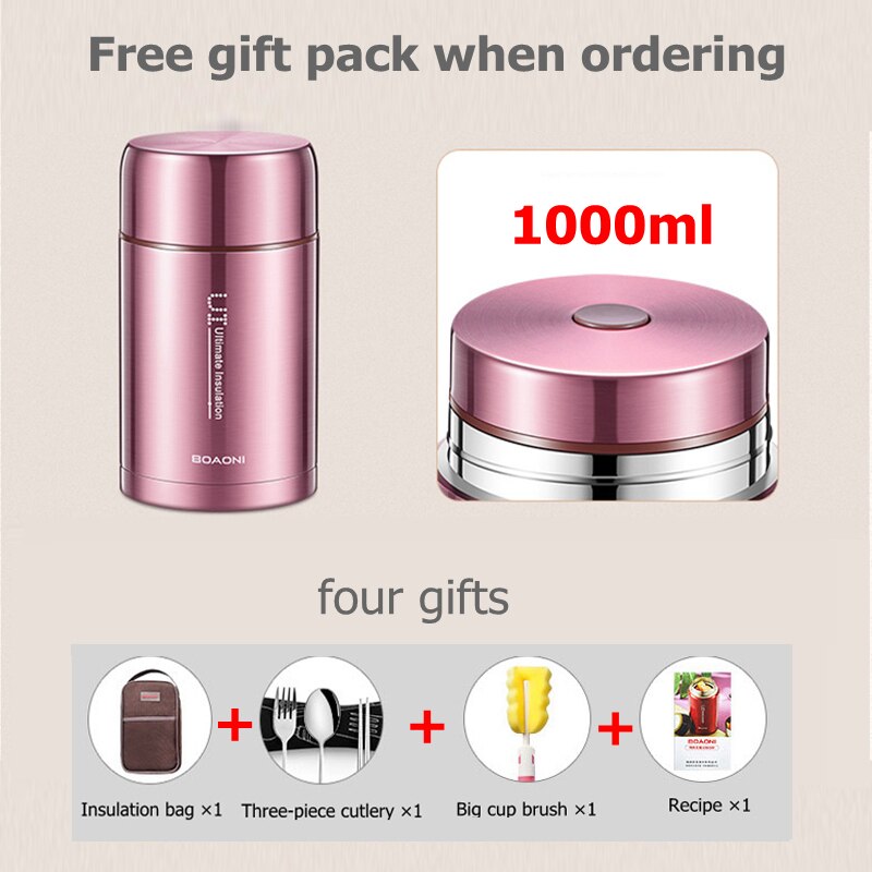 BOAONI 800ml/1000ml Food Thermal Jar Vacuum Insulated Soup Thermos Containers 316 Stainless Steel Lunch Box with Folding Spoon