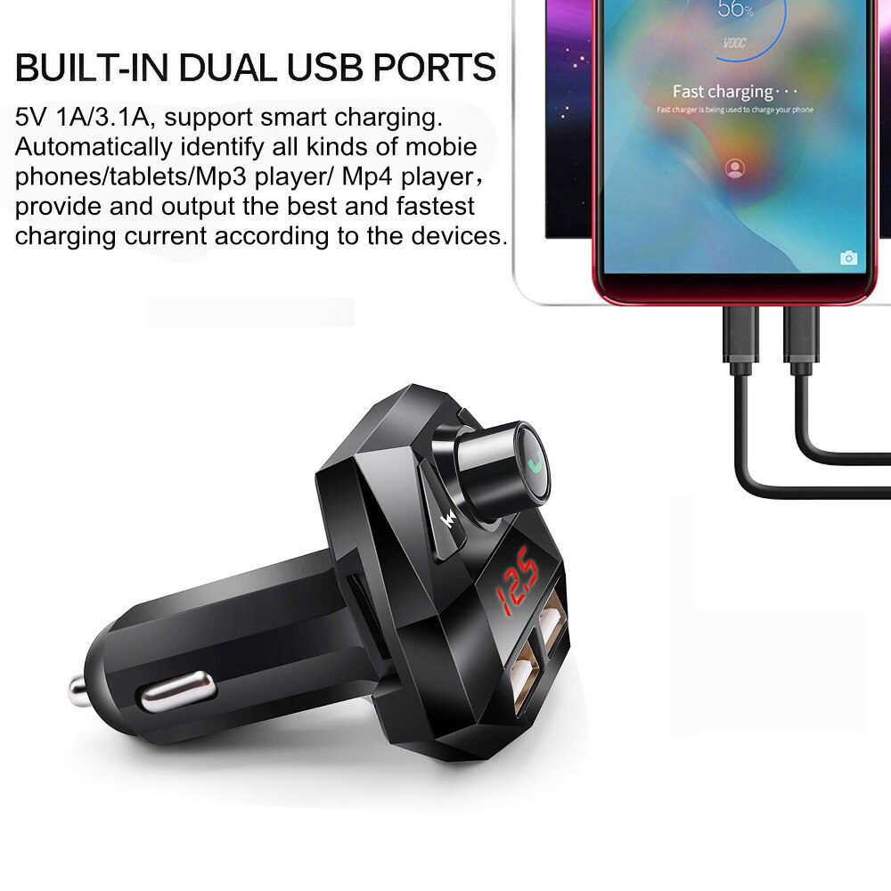 Kit de manos libres para coche, reproductor de MP3 LCD, transmisor FM con Bluetooth inalámbrico, carga USB, compatible con carga mientras escucha canciones,
