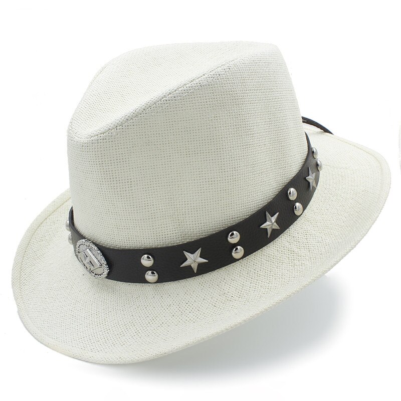Naiset miehet olki western cowboy hattu kesäksi cowboy cowgirl aurinkohattu sombrero caps punk vyö hyvä pakkauskoko 58cm: Kerma