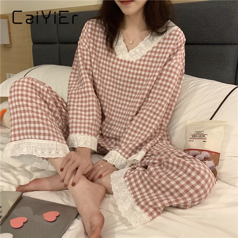 CAIYIER-Conjunto de pijamas coreanos Ulzzang para niñas, ropa de dormir holgada informal de manga larga con cuello en V, ropa de invierno, color rosa