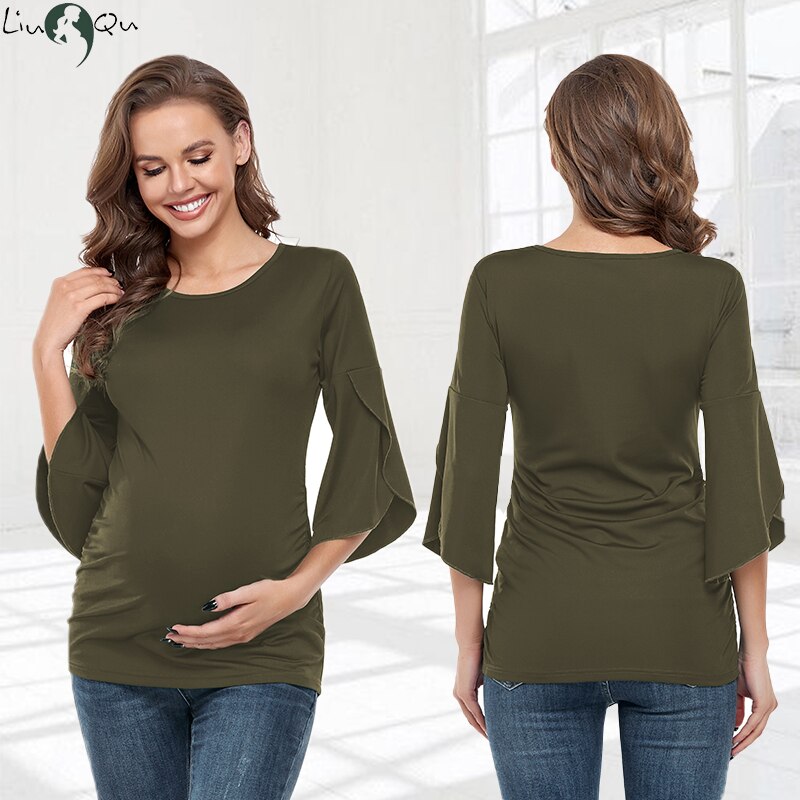 Liu&amp;Qu Womens Maternity Tops T-shirts Summer Pregnant Clothes Round Neck Petal Short Sleeve Shirts Pregnancy 2022