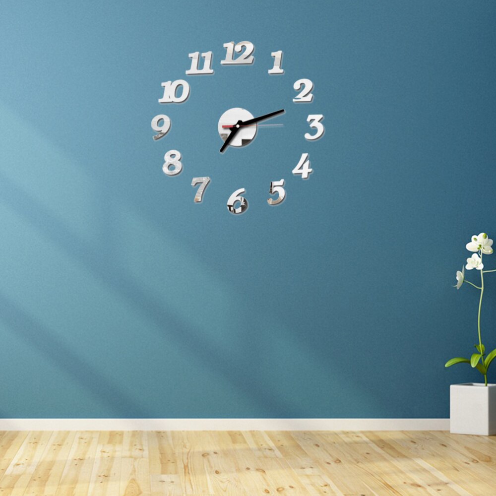 Frameless DIY Wall Clock Arabic Numbers Adhesive Modern Art Wall Clock Silent 3D Acrylic Sticker Home Decorations for Living Roo: Silver