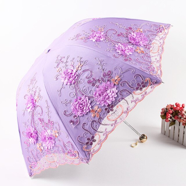 Blomster broderi blonder regn parasol til kvinder bærbar 3- fold uv dobbeltlags paraply udsøgt parasol til kvinde: Lilla