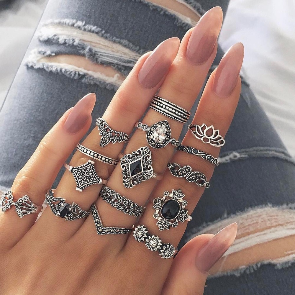 Bague Femme Vintage Ringen voor Vrouwen Boho Geometrische Bloem Crystal Knuckle Ring Set Bohemian Midi Vinger Sieraden Zilveren Kleur