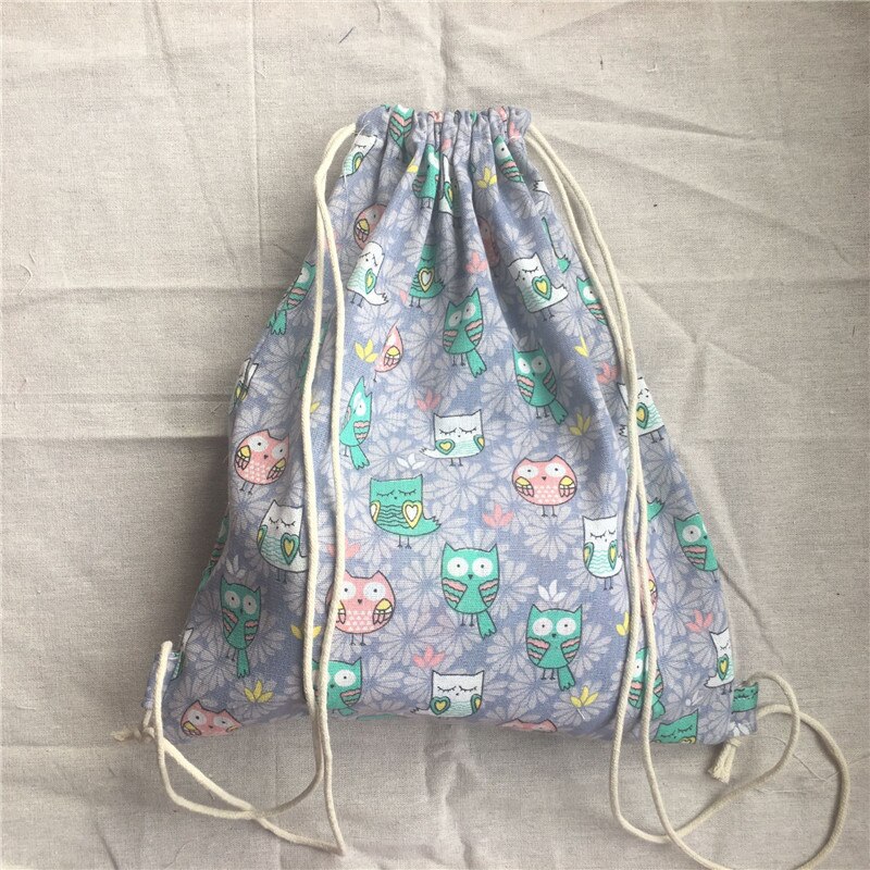 Cotton Linen Drawstring Backpack Student Book Shoes Bag Owls Purple flower Base 2033d