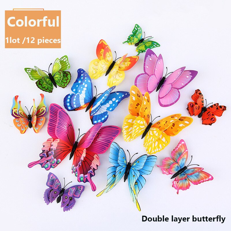 12 pièces/lot multicolore papillon Stickers muraux Double couche 3D bricolage papillons Stickers muraux pour décor à la maison salon: Colorful