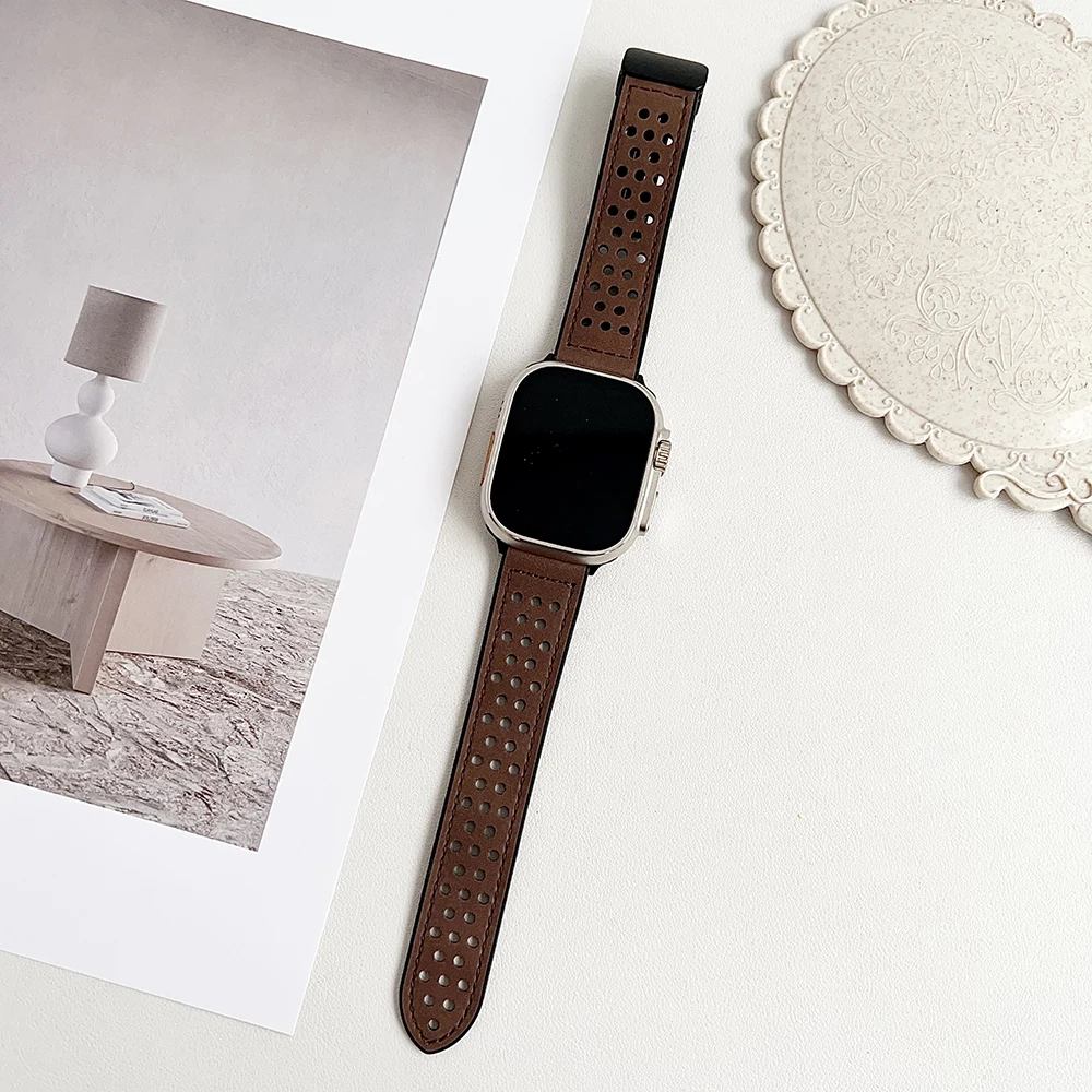 Magnetische band voor Apple Watch 10 Ultra 9 8 7 6 5 4 3 SE Ademende siliconen lederen band iWatch 49 mm 46 mm 42 45 41 mm 44 mm 40 mm: White black / 14mm