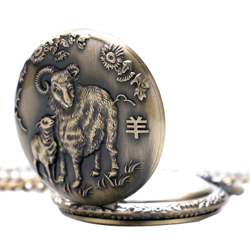 YISUYA Antique Chinese Zodiac Goat Quartz Pocket Watch Necklace Pendant Birthday Men Women Boy Girl Kid Bronze Steampunk