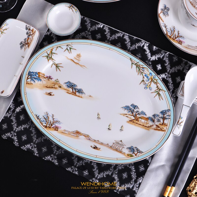 Luxury European Large Oval Ceramic Fish Plate Gold Head Show Dinner Plates Home Decoration Wedding