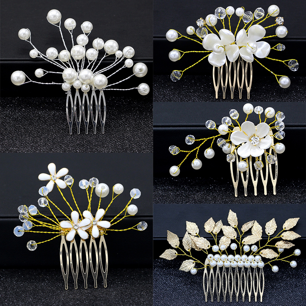 Bruid Bruiloft Handgemaakte Tiara Parel Bloem Haar kam Invoegen Haarspelden Bruiloft Bruidsmeisje Hoofdtooi Disk Haar Kam