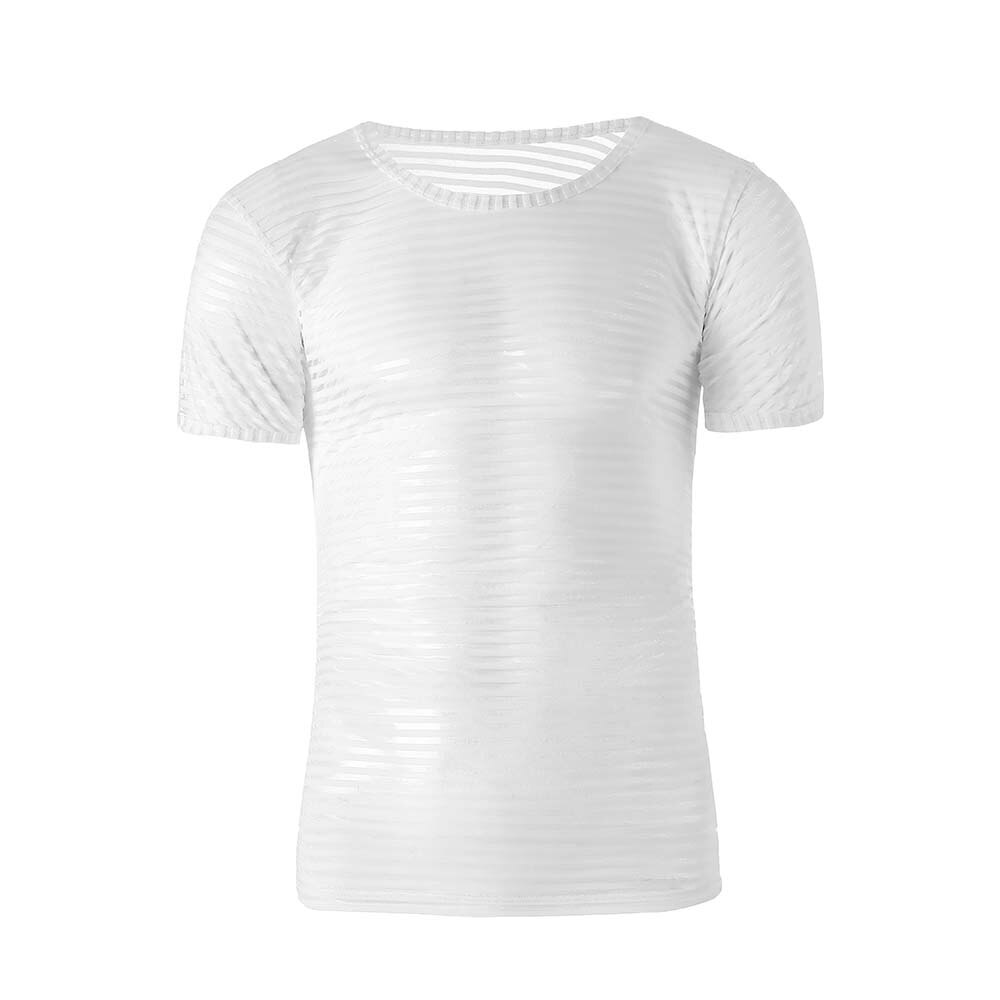 Unisex Undershirt Sexy Mesh Sheer Basic Shirts O-neck Gay Short Sleeves Slimming Undershirts Inner Tops Pajamas Sleeping Wear