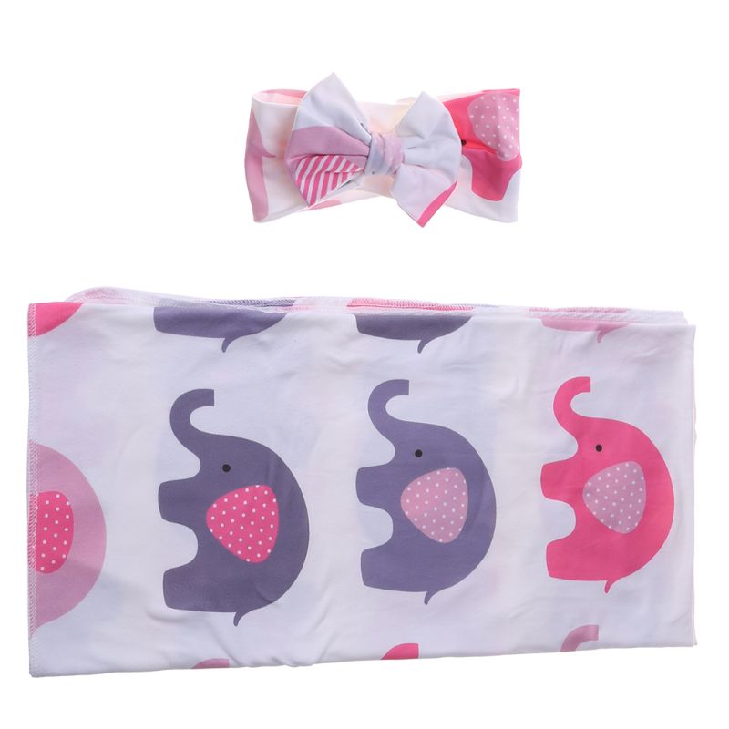 2Pcs Cute Cartoon Wrapped Blanket Towel with Bow-knot Headband for Baby Infants