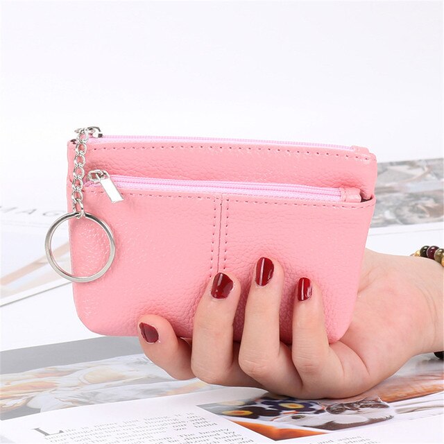 Neue Frauen Brieftasche Mini PU Leder Weibliche Geldbörse Karte Halter Kurze Geldbörse Geldbörsen Kleine Geldbörse Zipper Keychain tasche: Pink-Size 1