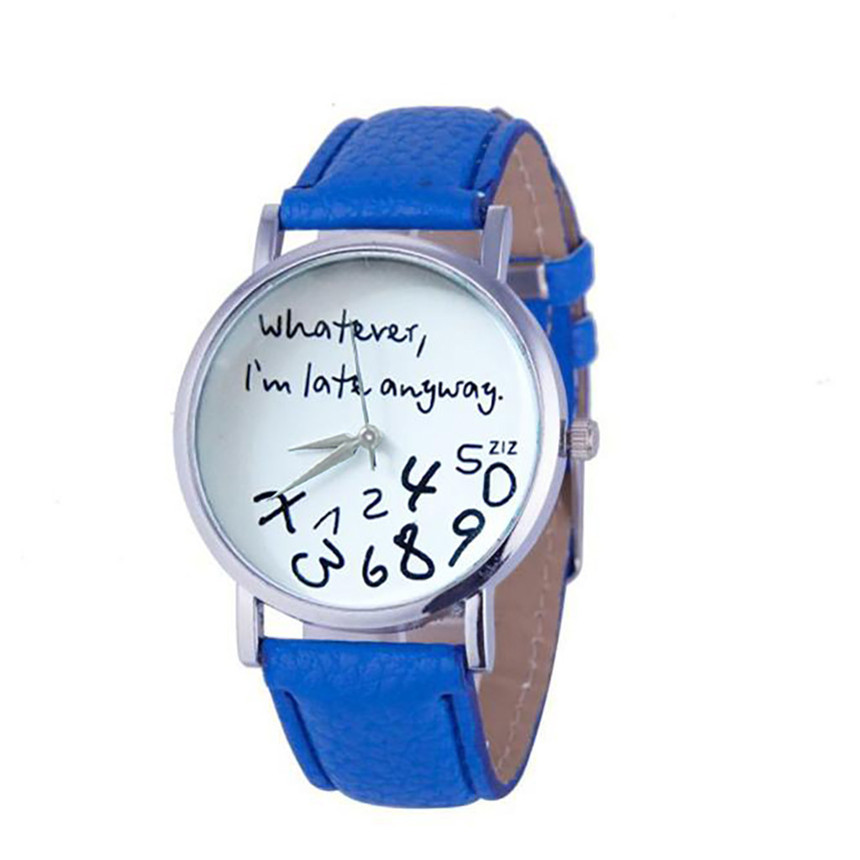 Simple Women Watch Ladies Dress Big Dial Leather Watches Whatever I Am Late Anyway Letter Watch for Students Reloj Mujer: Blue