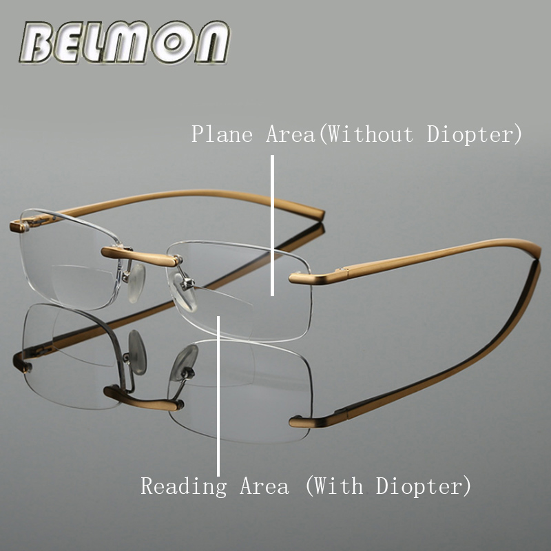 bifokal Lesebrille Männer Frauen Randlose Aluminium-Magnesium-rahmen Dioptrien Presbyopie Brillen + 1,0 + 1,5 + 2,0 + 2,5 + 3,0 + 3,5 RS341