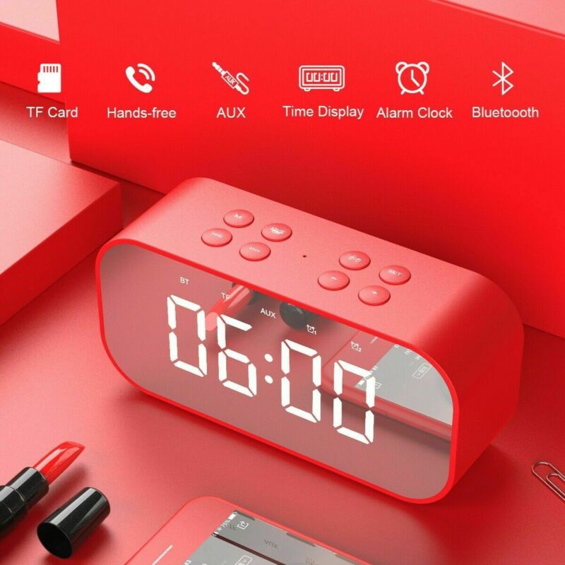 Laute Bluetooth-Lautsprecher Kabellose Stereo-Extra-Bass-Lautsprecher Wecker Radio MP3 Player Mirror LED Digital Alarm Clock