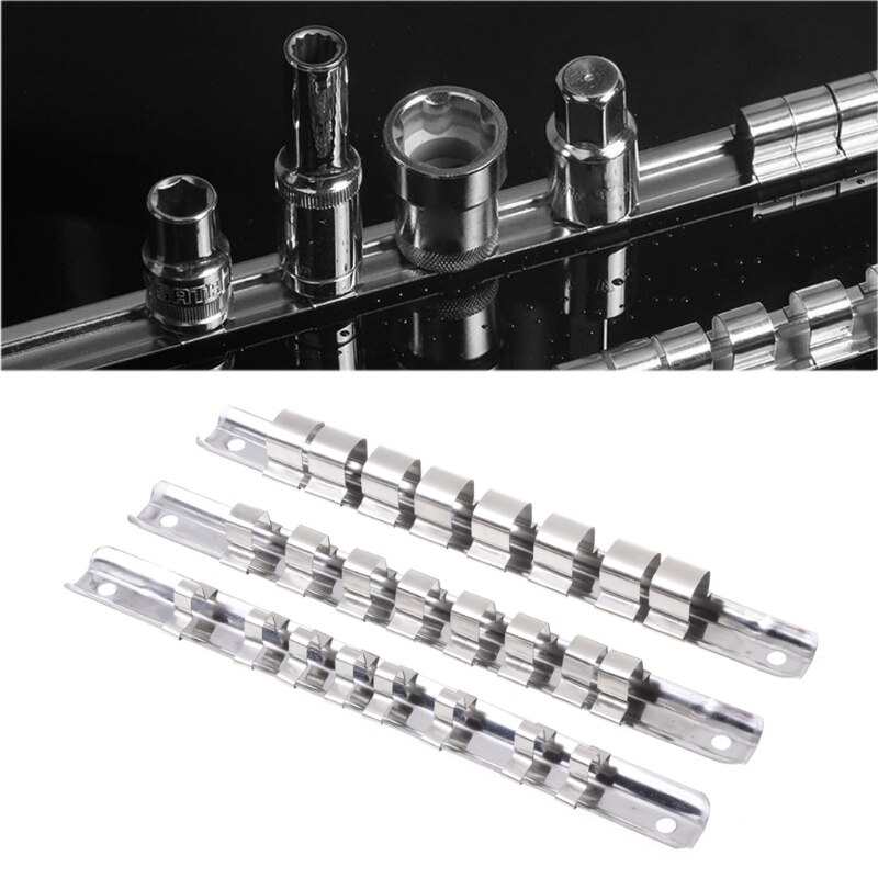 Socket Rack Holder 1/4" 3/8" 1/2" With 8 Clips On Rail Tool Organizer Storage Stainless Steel Wall-mounted For Garage &amp; Workshop