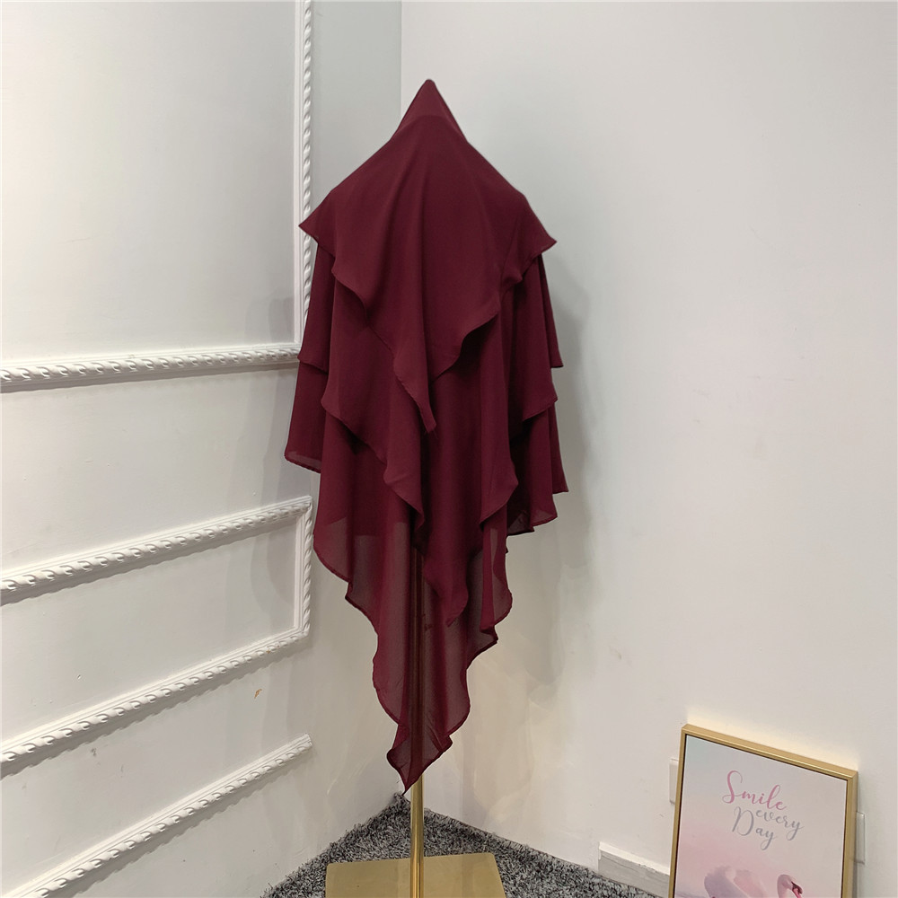 Foulard khimar trois couches à volants pour femmes, hijab, musulmane, dubaï, Turban turc, châles malaisiens, marocain: Vin Rouge