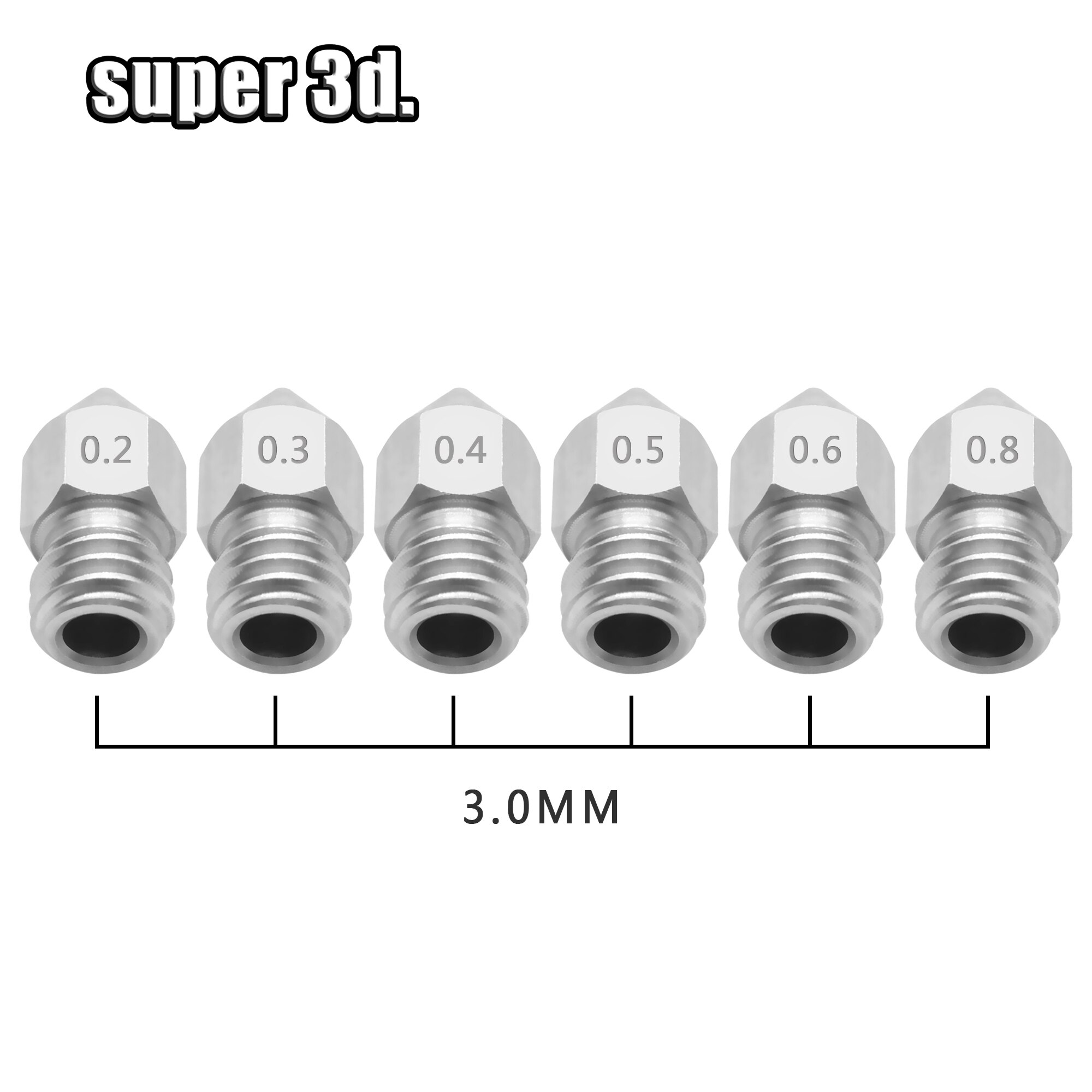 5pcs MK8 Nozzle 0.2/0.3/0.4/0.5/ 0.6/0.8mm 3D Printers Parts Extruder Threaded for 1.75/3.0mm Filament Stainless Steel Part