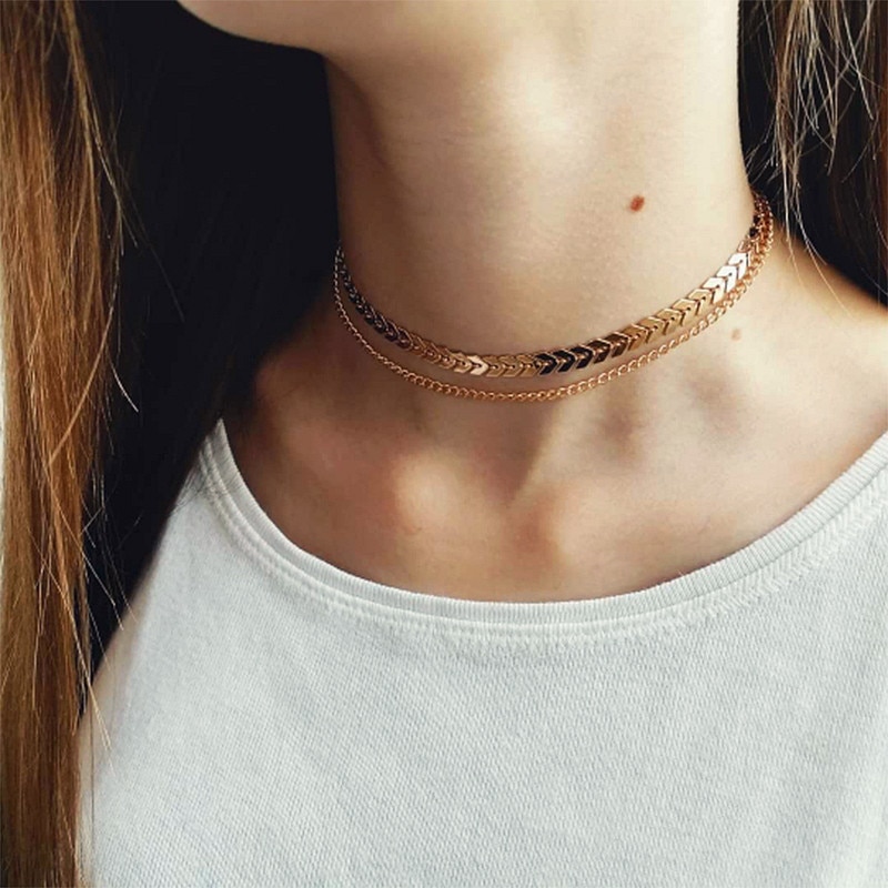 Ketting Choker Twee Lagen Kettingen Fishbone Vliegtuig Vorm Goud Kleur Ketting Platte Ketting Mode-sieraden