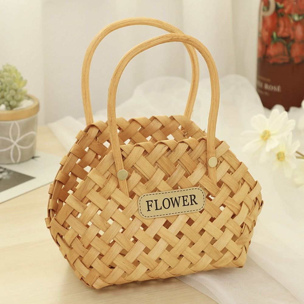 Willow Rattan Flower Girl Baskets Yellow Sturdy Flower Arrangement Basket Picnic Container Handmade Wicker Half Moon Baskets: Light Grey