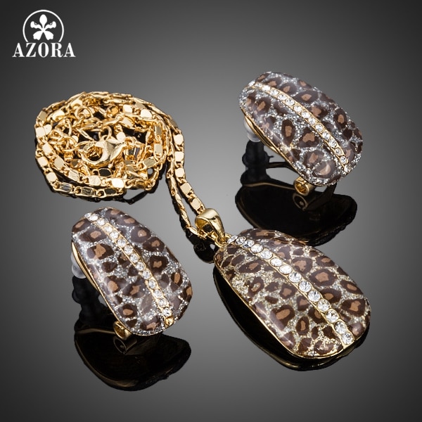 AZORA Gold Farbe Leopard Mit Stellux Österreichischen Kristall Clip Ohrringe und Anhänger Halskette Schmuck Sets TG0204