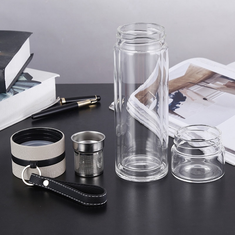 Rejse drikkevarer bærbar dobbelt væg glas teflaske te infuser glas tumbler rustfrit stål filtre te filter glas