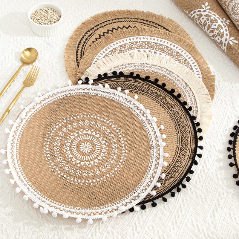 Coffee Cup Mats Woven Placemats Printed Jute Placemats Tassel Placemat Vase Cushions Furniture Decoration Heat Insulation