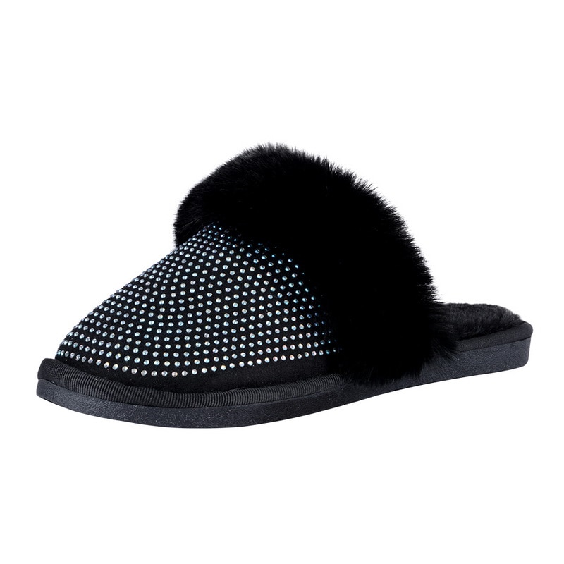 Winter Bling Bont Slippers Vrouwen Warm Meisjes Huis Slippers Slaapkamer Schoenen Kristal Indoor Zapatilla Mujer: Black / 42-43