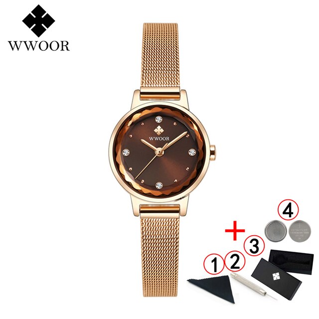Armbinde Uhren Frauen Luxus WWOOR oben Wasserdichte Stahl Gurt Kristall Damen Handgelenk Uhren Relogio Feminino: Rose Braun Kasten