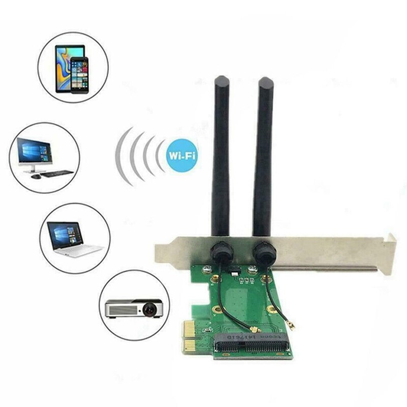 Draadloze Kaart Wifi Mini Pci-E Express Naar Pci-E Adapter Met 2 Antenne Externe Voor Pc