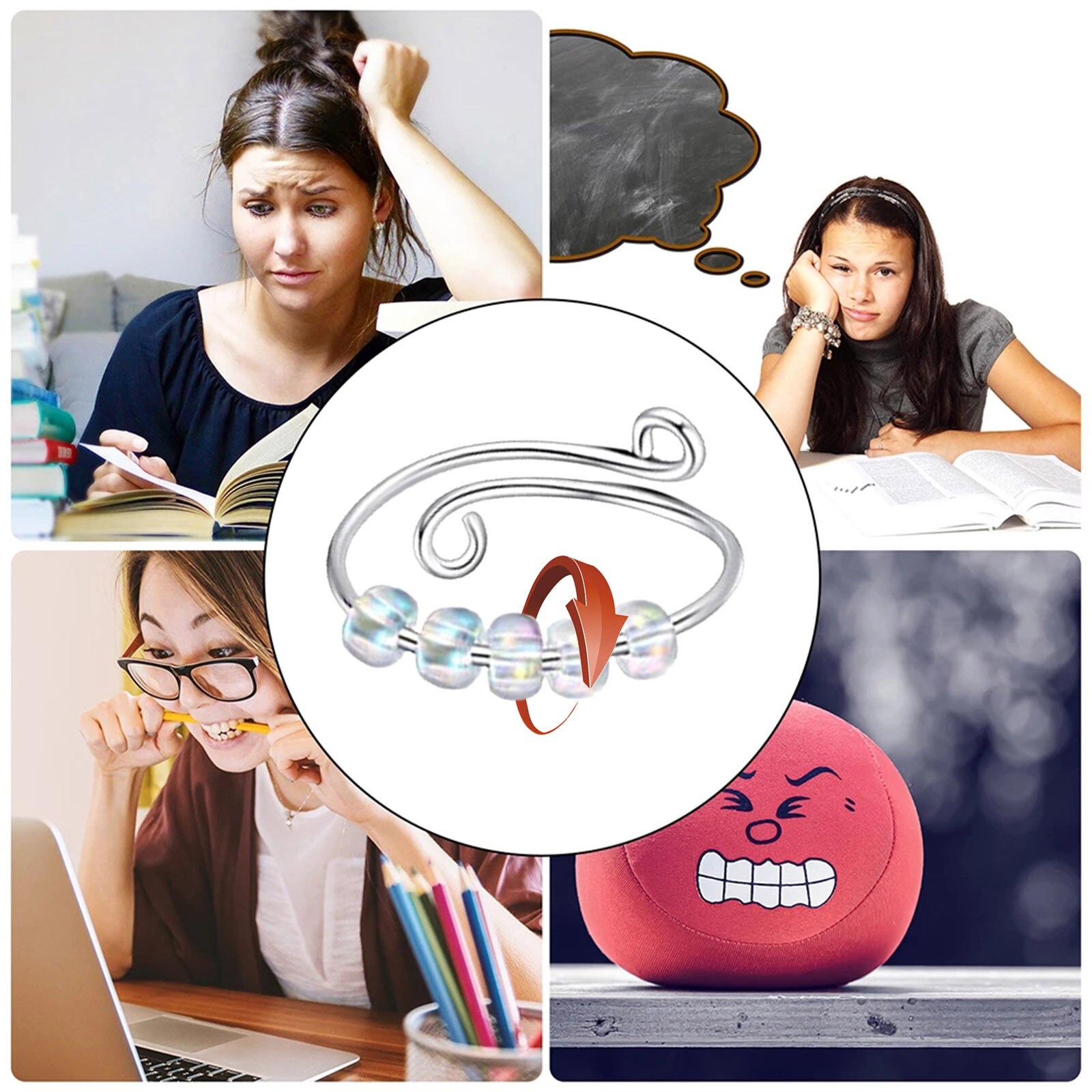 Fidget Beads Fidget Ring Spinner Single Coil Spiral Fidget Ring Beads Toy For Girl Women Rotate Freely Antistress Anxiety Ring