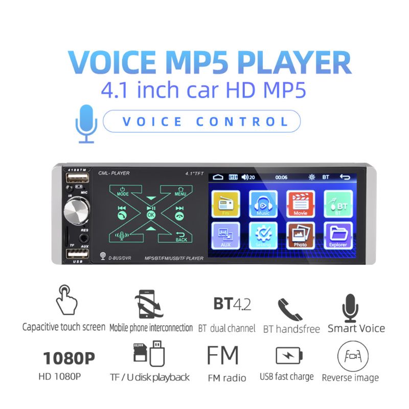 4.1 inch Car Stereo Bluetooth 5.0 FM AI Voice AUX MP5 Player 1 Din Vehicle Car Radio Mirror Link +Mic Steering Wheel Control