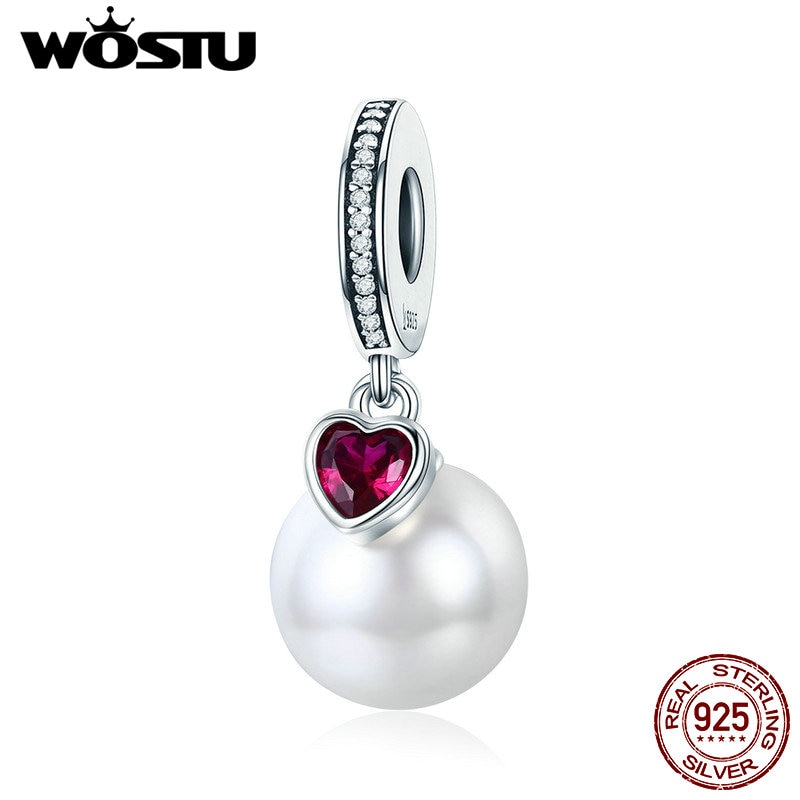 WOSTU 100% 925 Sterling Silver Pearl Heart CZ Pendant Charms fit Original Women Bracelet Necklace Jewelry CQC782