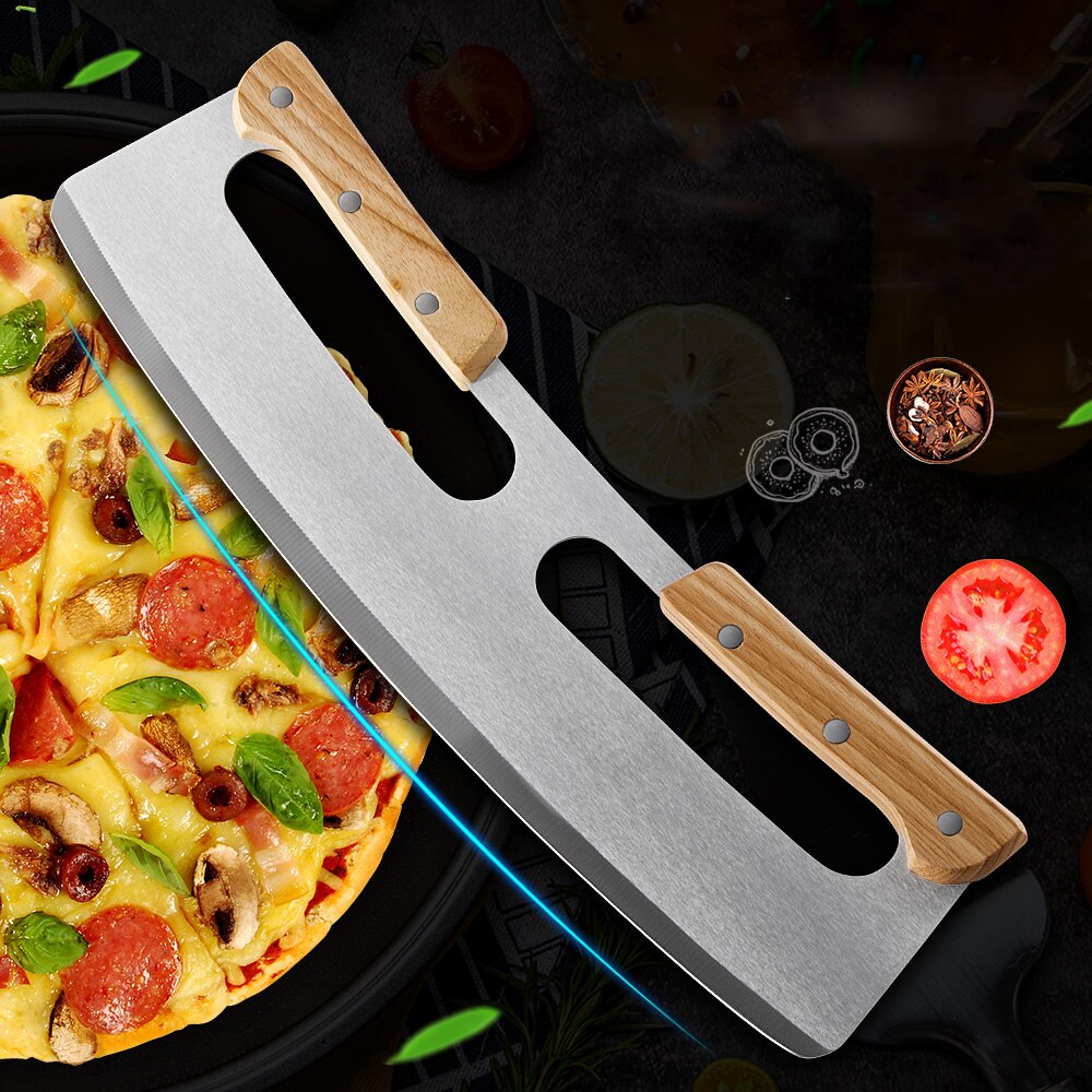 Two-handle Pizza Cutter Wooden Handle Half-round Pizza Hob Easy to Operate Rocker Knives for Kitchen Tool YE