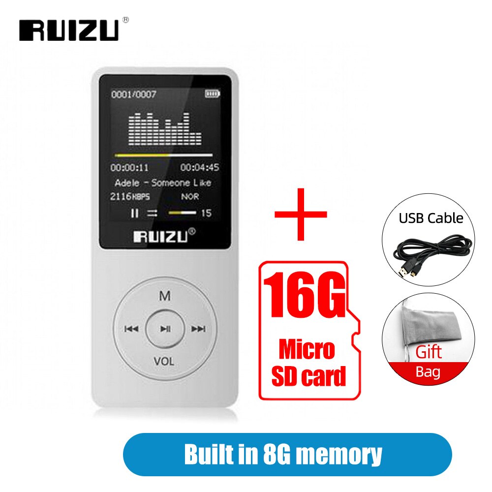 Ruizu X02 MP3 Player 8GB Portable Music Walkman Ultrathin Lossless Sound Music Media MP3 Players With FM Radio E-book Recording: White Add 16G Card