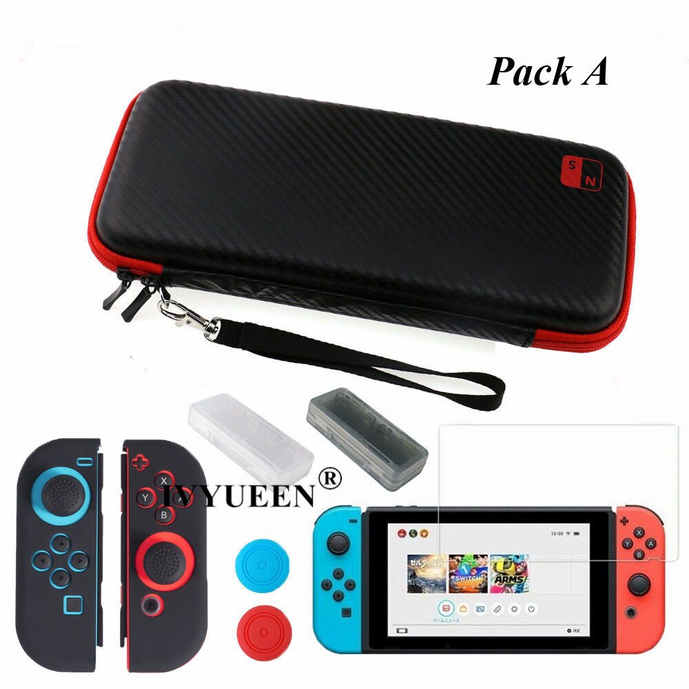 IVYUEEN para la consola Nintendo Switch NS bolsa de almacenaje de transporte protector de pantalla de vidrio templado Shell + funda de silicona para Joy-Con: Pack A