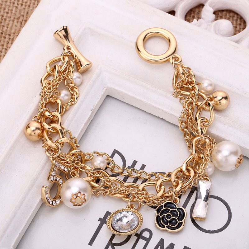 Korean Multilayer Pearl Bracelet Flower Number 5 Pendant Jewelry Luxury Woman Accessories