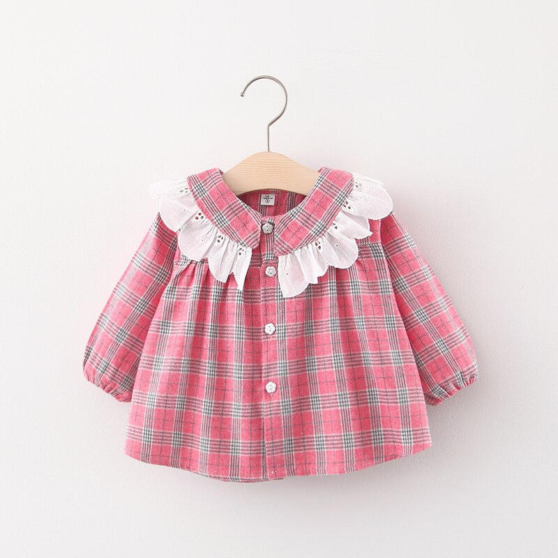 Yaloode forår efterår pige skjorte o-hals blonder bomuld plaid bluse skjorter til baby piger tøj: Rød / 3-4 år