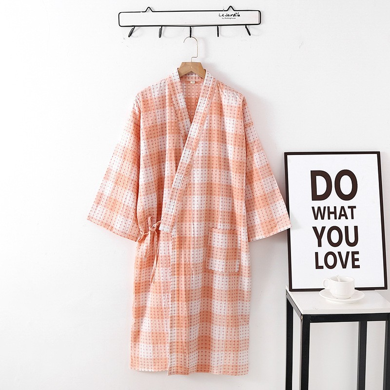 Albornoz para parejas de estilo fino de primavera y verano, batas tipo kimono con a cuadros, albornoces de algodón Jacquard tejidos de Color: M / Rosa